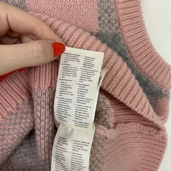 Arket 100% Wool Sweater Vest Size XS Grey Pink Check Knit Tank Jumper - Picture 7 of 7